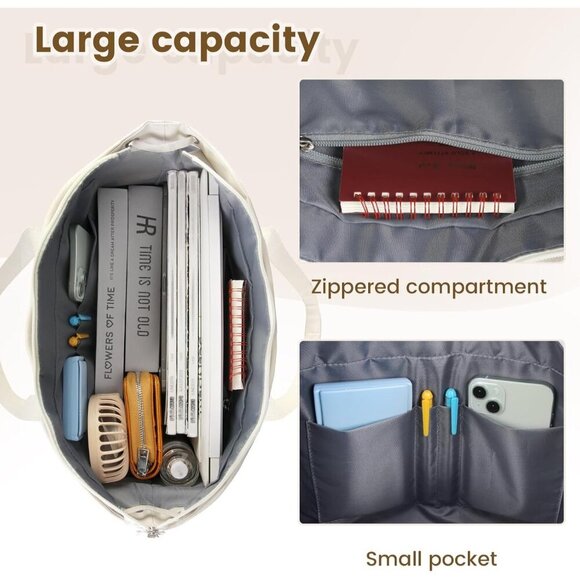 Canvas Tote Bags for Women, Waterproof College Tote with Zipper & Compartments - Picture 4 of 8